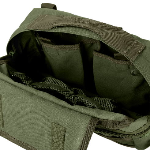 The Condor Utility Shoulder Bag 7L is a green fabric bag with an open zipper, revealing several internal compartments and mesh pockets.