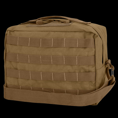The Condor Utility Shoulder Bag 7L in tan features MOLLE webbing, a top handle, and an adjustable shoulder strap—perfect for EDC or law enforcement—shown against a white background.