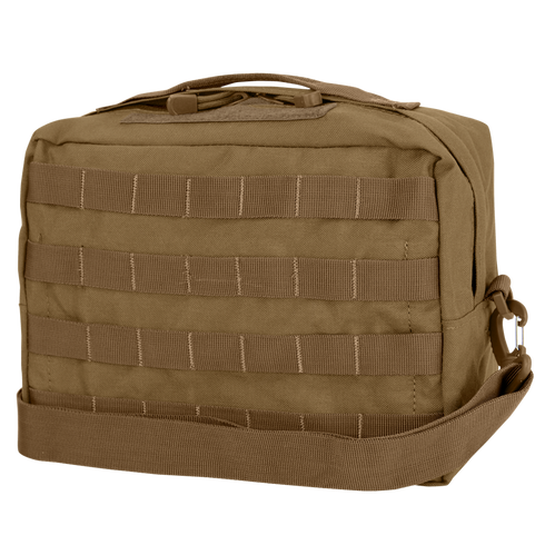 The Condor Utility Shoulder Bag 7L in tan features MOLLE webbing, a top handle, and an adjustable shoulder strap—perfect for EDC or law enforcement—shown against a white background.