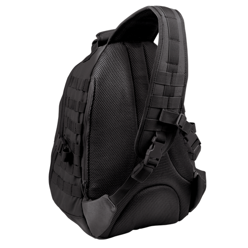 The Condor Ambidextrous Sling 27L is a black tactical backpack with a padded mesh back, adjustable strap, buckles, and webbing loops, designed for law enforcement or military use and shown from the rear.