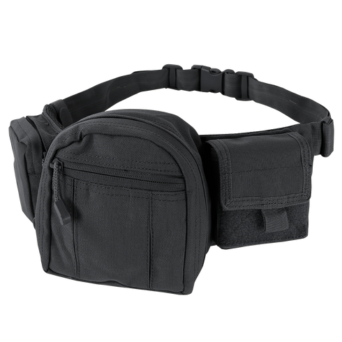 The Condor Fanny Pack, a black utility waist bag with multiple zippered compartments and an adjustable strap for law enforcement or first responders, is shown on a white background.