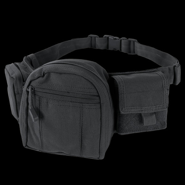 The Condor Fanny Pack, a black utility waist bag with multiple zippered compartments and an adjustable strap for law enforcement or first responders, is shown on a white background.