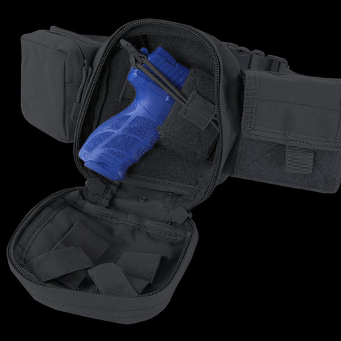 A Condor Fanny Pack holds a blue training pistol, ideal for law enforcement or military training, secured inside its multiple zippered compartments.