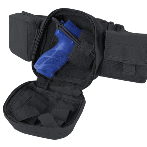 A Condor Fanny Pack holds a blue training pistol, ideal for law enforcement or military training, secured inside its multiple zippered compartments.