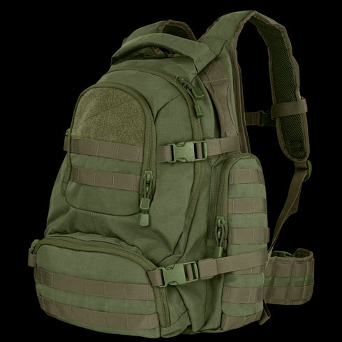 The Condor Urban Go Backpack 33L in army green features multiple zippered compartments, side straps, and padded shoulder straps, designed for military or first responder use in tough outdoor environments.