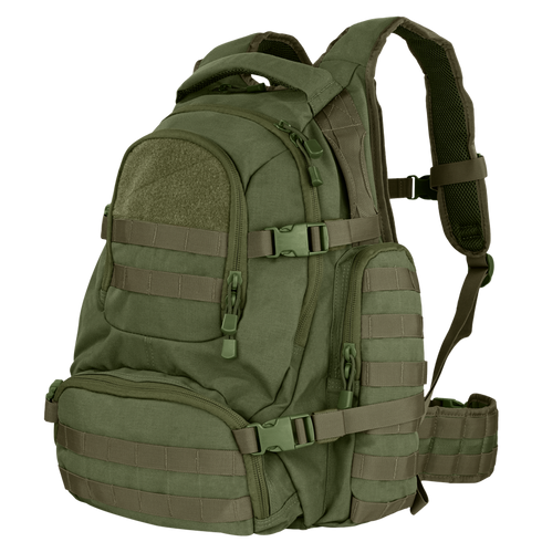 The Condor Urban Go Backpack 33L in army green features multiple zippered compartments, side straps, and padded shoulder straps, designed for military or first responder use in tough outdoor environments.