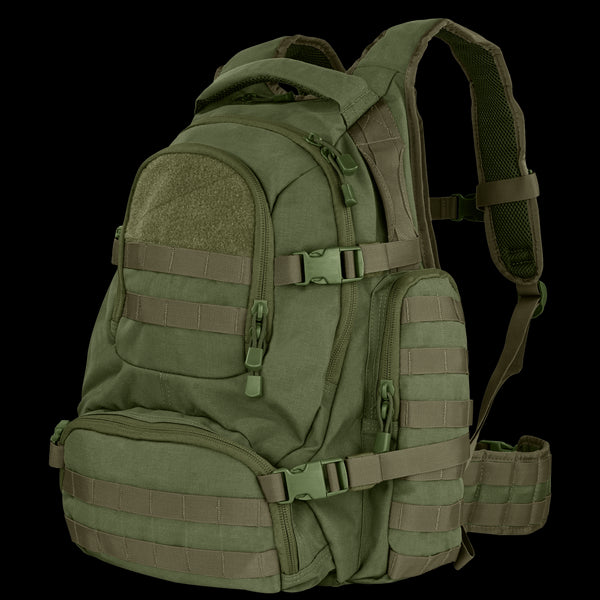 The Condor Urban Go Backpack 33L in army green features multiple zippered compartments, side straps, and padded shoulder straps, designed for military or first responder use in tough outdoor environments.