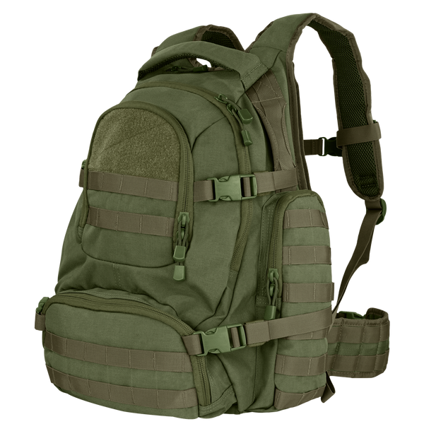 The Condor Urban Go Backpack 33L in army green features multiple zippered compartments, side straps, and padded shoulder straps, designed for military or first responder use in tough outdoor environments.