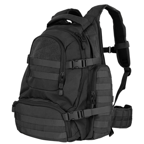 The Condor Urban Go Backpack 33L, shown at a three-quarter angle, features multiple compartments, zippers, adjustable straps, and MOLLE webbing—making it ideal for law enforcement or first responder use.