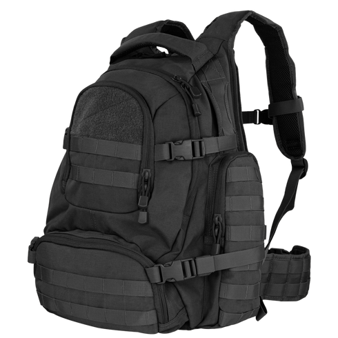 The Condor Urban Go Backpack 33L, shown at a three-quarter angle, features multiple compartments, zippers, adjustable straps, and MOLLE webbing—making it ideal for law enforcement or first responder use.