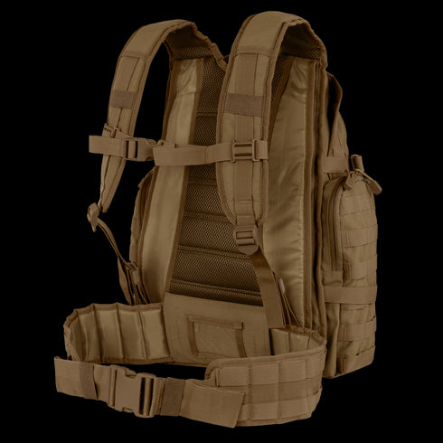The Condor Urban Go Backpack 33L features padded shoulder straps, mesh back panel, adjustable chest and waist straps, and side compartments with MOLLE webbing—ideal for military or law enforcement use.