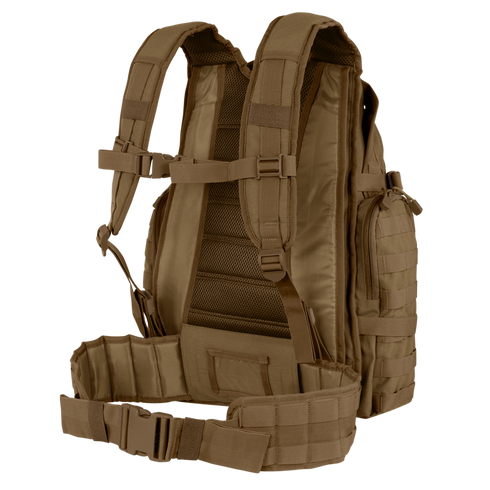 The Condor Urban Go Backpack 33L features padded shoulder straps, mesh back panel, adjustable chest and waist straps, and side compartments with MOLLE webbing—ideal for military or law enforcement use.