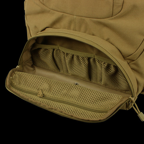 The Condor Urban Go Backpack 33L in Scorpion OCP features a front compartment with mesh pockets and organized storage—ideal for bushcraft adventures or EDC essentials.