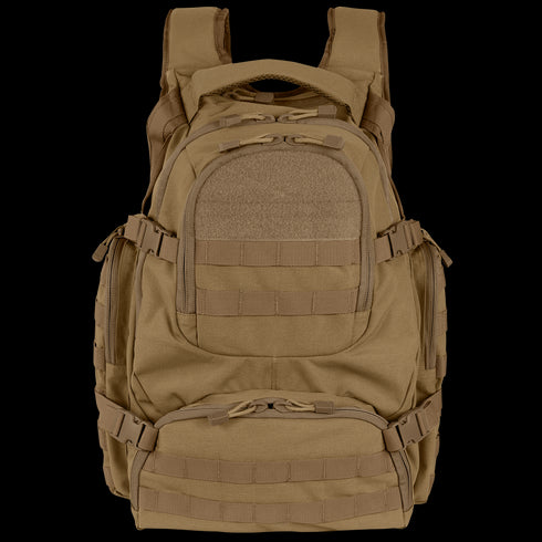 The Condor Urban Go Backpack 33L in tan features multiple zippered compartments, MOLLE webbing, and padded shoulder straps—shown front view. Ideal for law enforcement or first responders.