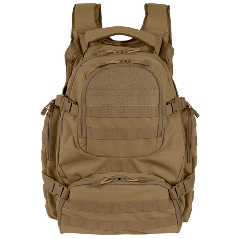 The Condor Urban Go Backpack 33L in tan features multiple zippered compartments, MOLLE webbing, and padded shoulder straps—shown front view. Ideal for law enforcement or first responders.