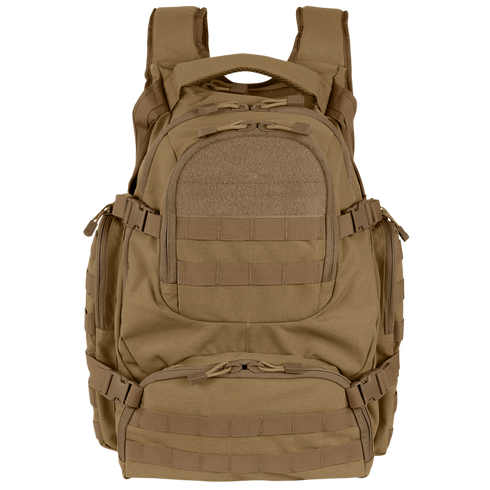 The Condor Urban Go Backpack 33L in tan features multiple zippered compartments, MOLLE webbing, and padded shoulder straps—shown front view. Ideal for law enforcement or first responders.