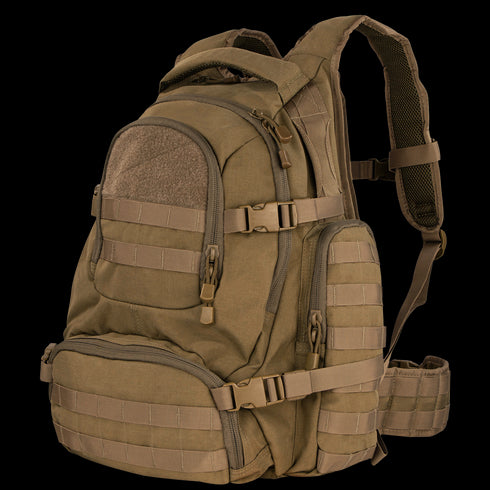 The Condor Urban Go Backpack 33L in tan offers multiple zippered compartments, MOLLE webbing, adjustable straps, and padded shoulder supports—perfect for law enforcement or first responders.