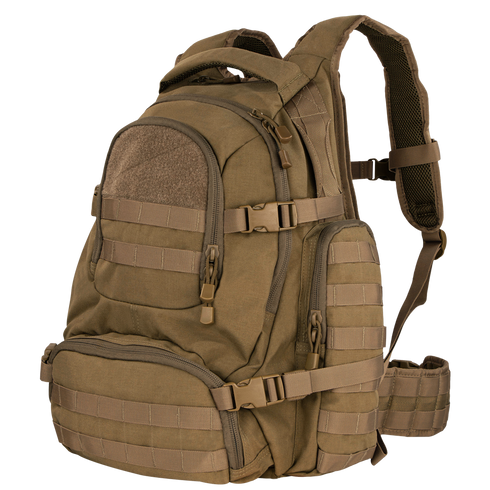 The Condor Urban Go Backpack 33L in tan offers multiple zippered compartments, MOLLE webbing, adjustable straps, and padded shoulder supports—perfect for law enforcement or first responders.