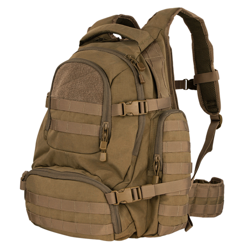 The Condor Urban Go Backpack 33L in tan offers multiple zippered compartments, MOLLE webbing, adjustable straps, and padded shoulder supports—perfect for law enforcement or first responders.