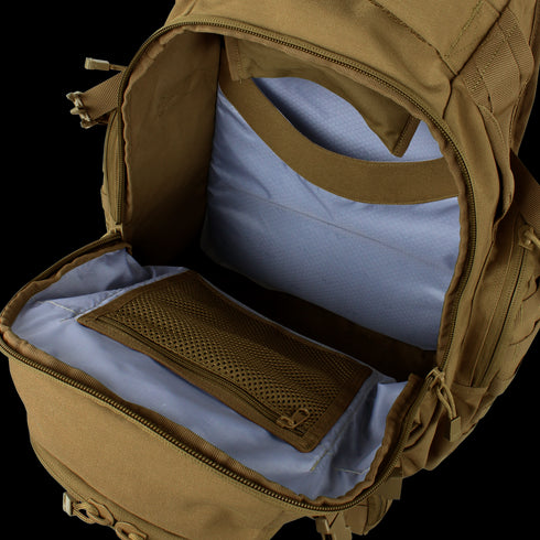 The Condor Urban Go Backpack 33L - Scorpion OCP features an open main compartment with a blue lining and zippered mesh pocket, perfect for first responders or shooting range enthusiasts needing organized, accessible gear storage.