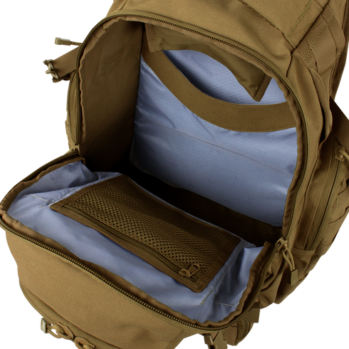 The Condor Urban Go Backpack 33L - Scorpion OCP features an open main compartment with a blue lining and zippered mesh pocket, perfect for first responders or shooting range enthusiasts needing organized, accessible gear storage.