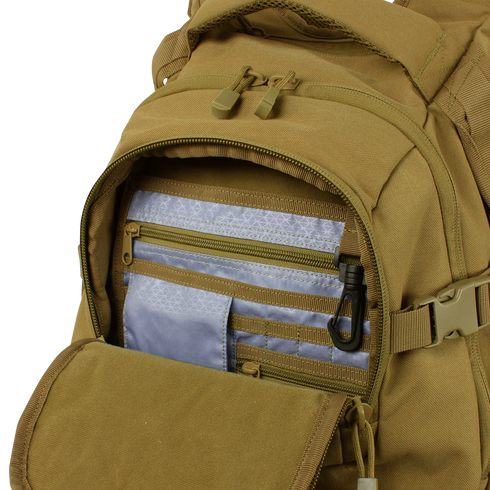 The Condor Urban Go Backpack 33L in Scorpion OCP is shown with its front pocket open, displaying an EDC organizer panel with zippers, a blue pouch, and a black carabiner clip.