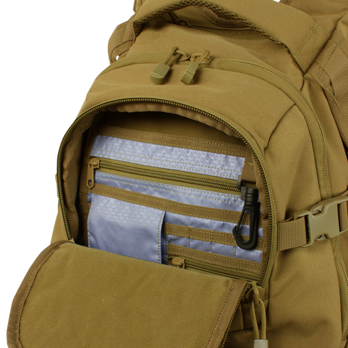 The Condor Urban Go Backpack 33L in Scorpion OCP is shown with its front pocket open, displaying an EDC organizer panel with zippers, a blue pouch, and a black carabiner clip.