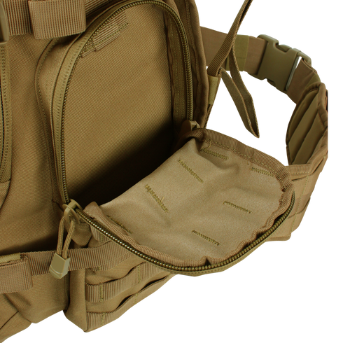 A close-up of the Condor Urban Go Backpack 33L in Scorpion OCP displays its open zippered front pocket, detailed stitching, and webbing—ideal for EDC or bushcraft use.