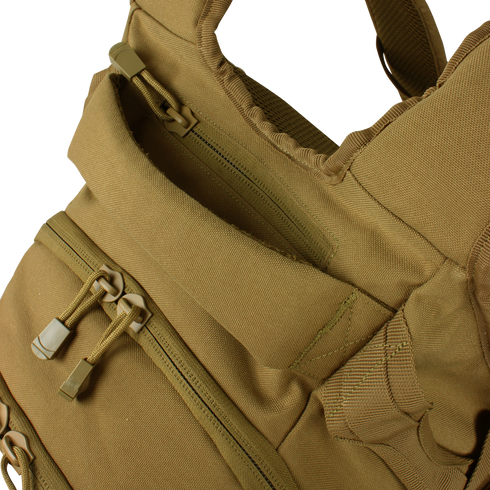 Close-up of the Condor Urban Go Backpack 33L in Scorpion OCP, highlighting multiple zippered compartments and sturdy stitching.