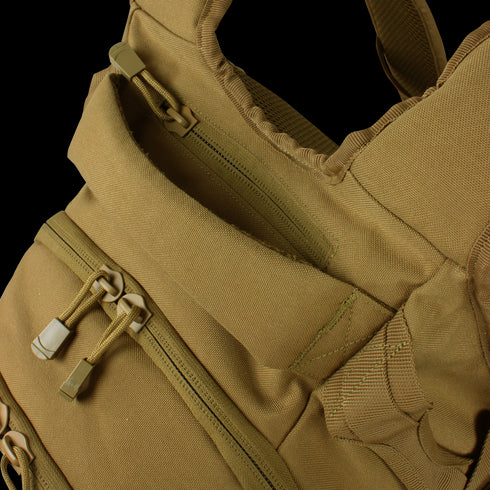 Close-up of the Condor Urban Go Backpack 33L in Scorpion OCP, highlighting multiple zippered compartments and sturdy stitching.