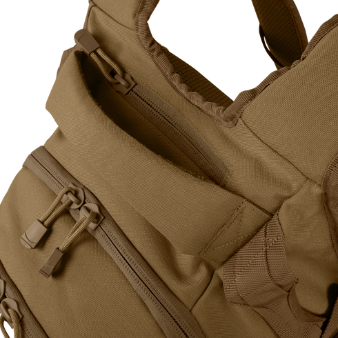 Close-up of the Condor Urban Go Backpack 33L in tan, featuring multiple zippered compartments and durable fabric, designed for first responders or law enforcement.