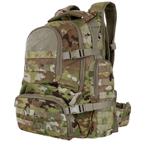 The Condor Urban Go Backpack 33L in Scorpion OCP features a camouflage pattern, multiple zippered compartments, and adjustable straps. Shown from a three-quarter side angle.