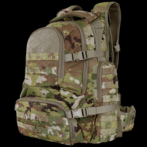 The Condor Urban Go Backpack 33L in Scorpion OCP features a camouflage pattern, multiple zippered compartments, and adjustable straps. Shown from a three-quarter side angle.