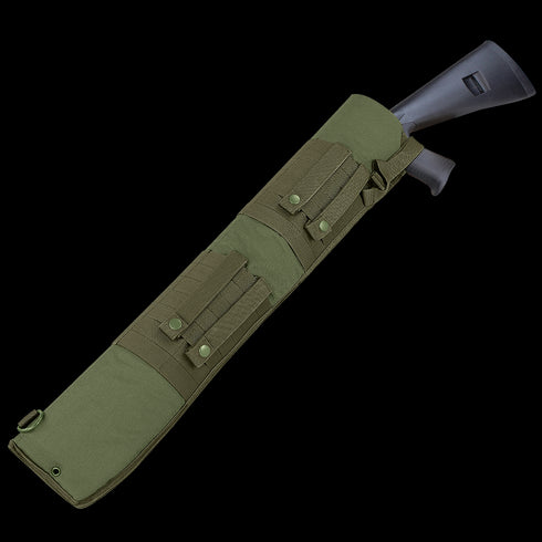 A Condor Shotgun Scabbard in olive green, featuring multiple pockets and snap closures, partially encloses the shotgun for tactical carrying.