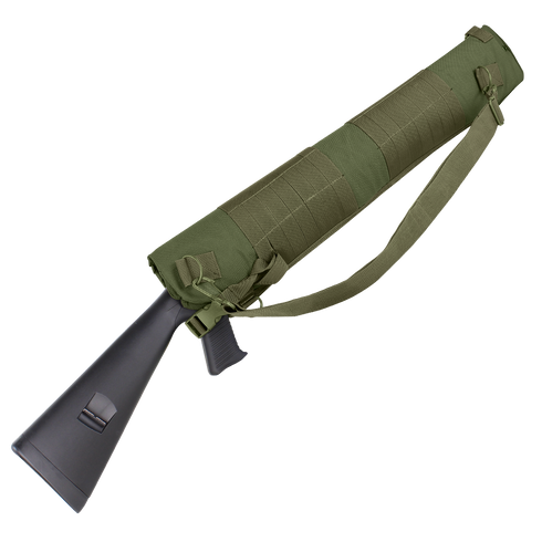An olive drab Condor Shotgun Scabbard is attached to the stock of a black firearm, displayed against a white background.