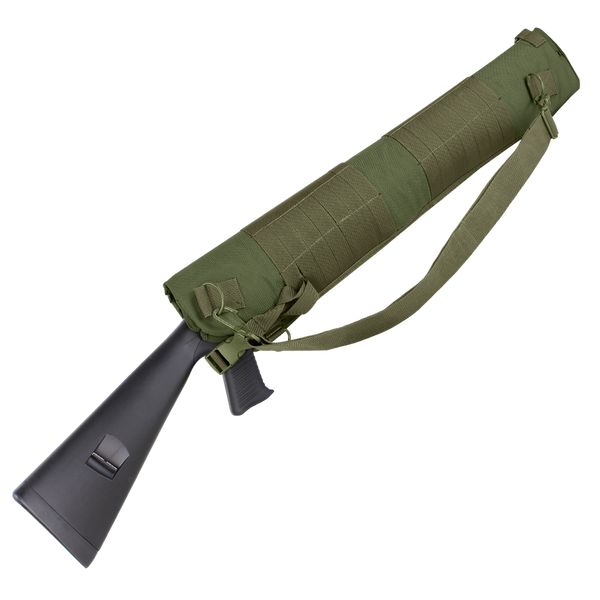 An olive drab Condor Shotgun Scabbard is attached to the stock of a black firearm, displayed against a white background.