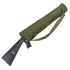 An olive drab Condor Shotgun Scabbard is attached to the stock of a black firearm, displayed against a white background.