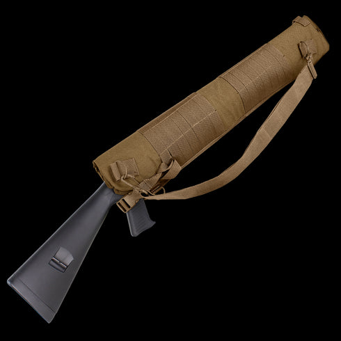 The Condor Shotgun Scabbard is a brown tactical carrying case with a shoulder strap, designed to hold and protect your firearm stock and grip, which are partially visible at one end.