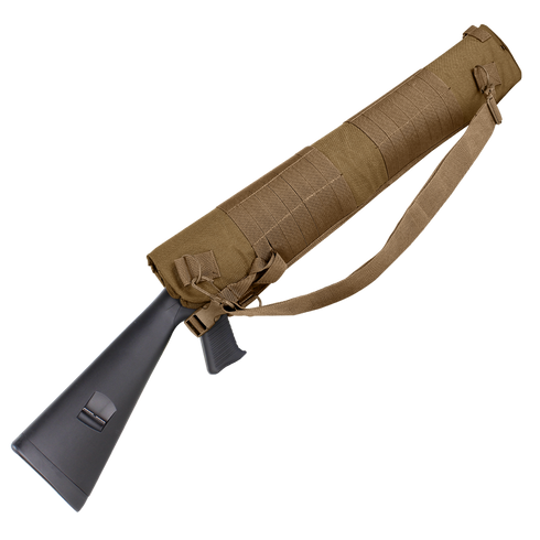 The Condor Shotgun Scabbard is a brown tactical carrying case with a shoulder strap, designed to hold and protect your firearm stock and grip, which are partially visible at one end.