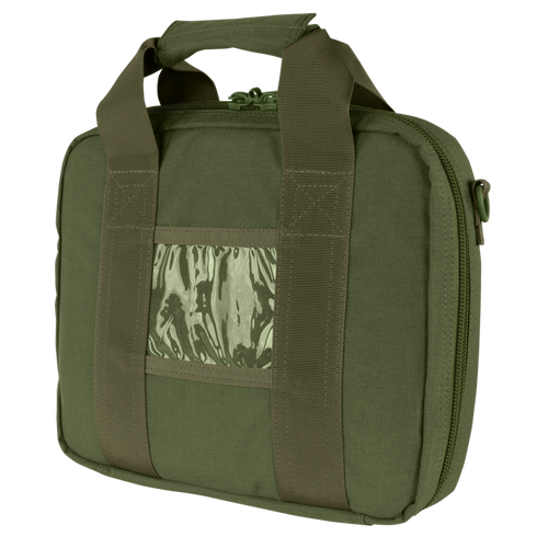 The Condor Pistol Case is an olive green soft-sided bag with dual handles, zipper closure, and a transparent plastic ID window on the front.
