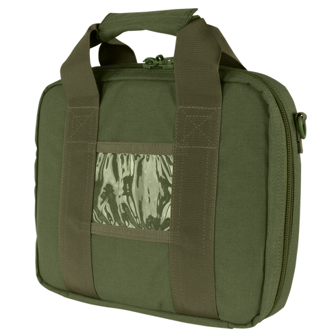 The Condor Pistol Case is an olive green soft-sided bag with dual handles, zipper closure, and a transparent plastic ID window on the front.