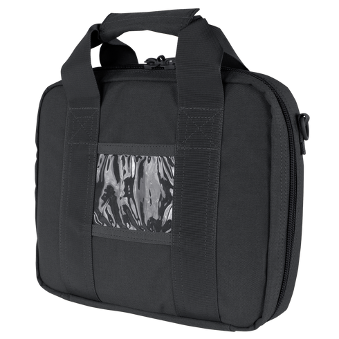 The Condor Pistol Case is a black soft-sided case with double handles, zipper closure, and a clear front ID window—designed for law enforcement or military use.