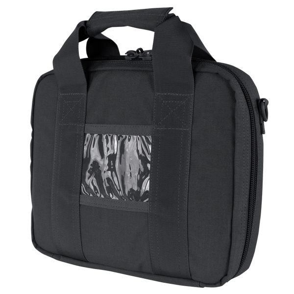 The Condor Pistol Case is a black soft-sided case with double handles, zipper closure, and a clear front ID window—designed for law enforcement or military use.