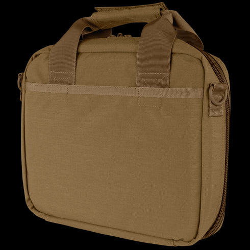 The Condor Pistol Case is a tan fabric briefcase-style bag with a zipper, two carrying handles, and a front pocket, ideal for tactical or law enforcement use.
