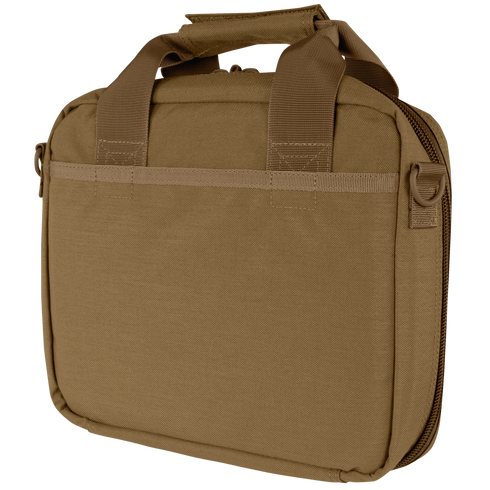 The Condor Pistol Case is a tan fabric briefcase-style bag with a zipper, two carrying handles, and a front pocket, ideal for tactical or law enforcement use.