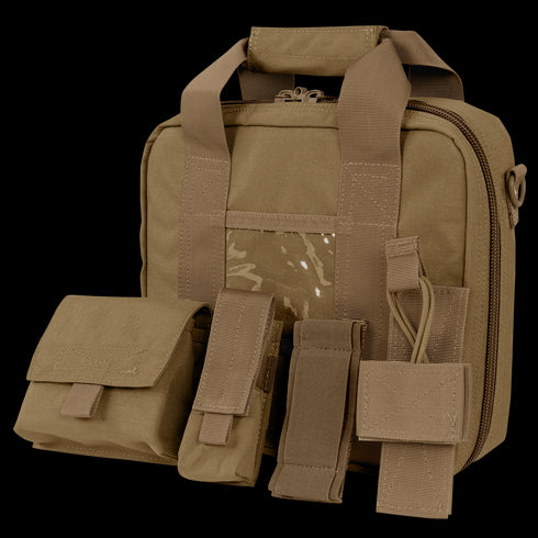 The Condor Pistol Case is a tan tactical bag featuring multiple compartments, external pouches, and attachment straps—ideal for securely carrying firearms and gear. Displayed on a plain background.