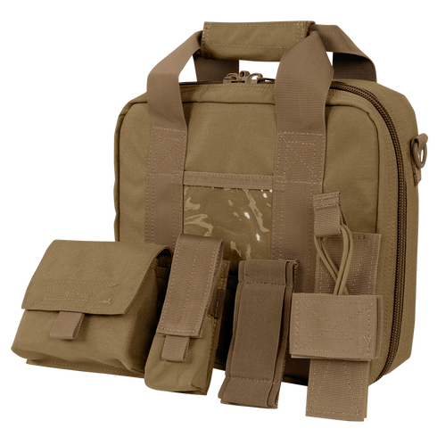 The Condor Pistol Case is a tan tactical bag featuring multiple compartments, external pouches, and attachment straps—ideal for securely carrying firearms and gear. Displayed on a plain background.