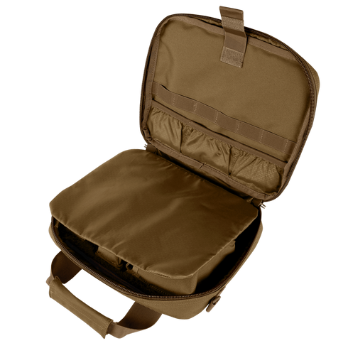 The Condor Pistol Case, shown top-down, is an open brown tactical bag with inner pockets, elastic loops, and a padded compartment—perfect for first responders or military use.