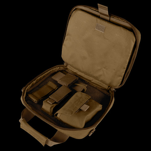 Open Condor Pistol Case in brown displaying multiple internal pouches and compartments—ideal for organizing gear or accessories, making it perfect for military or first responder use.