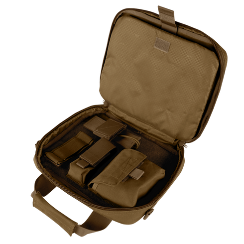 Open Condor Pistol Case in brown displaying multiple internal pouches and compartments—ideal for organizing gear or accessories, making it perfect for military or first responder use.